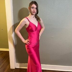 belk Fuchsia Satin V-Neck Prom Dress